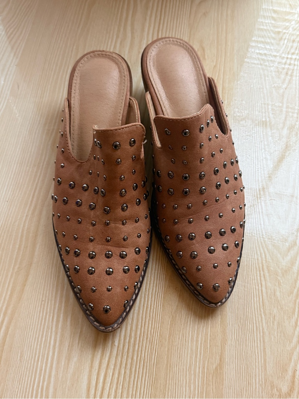 Pointed Studded Slip-On Mule in Tan
